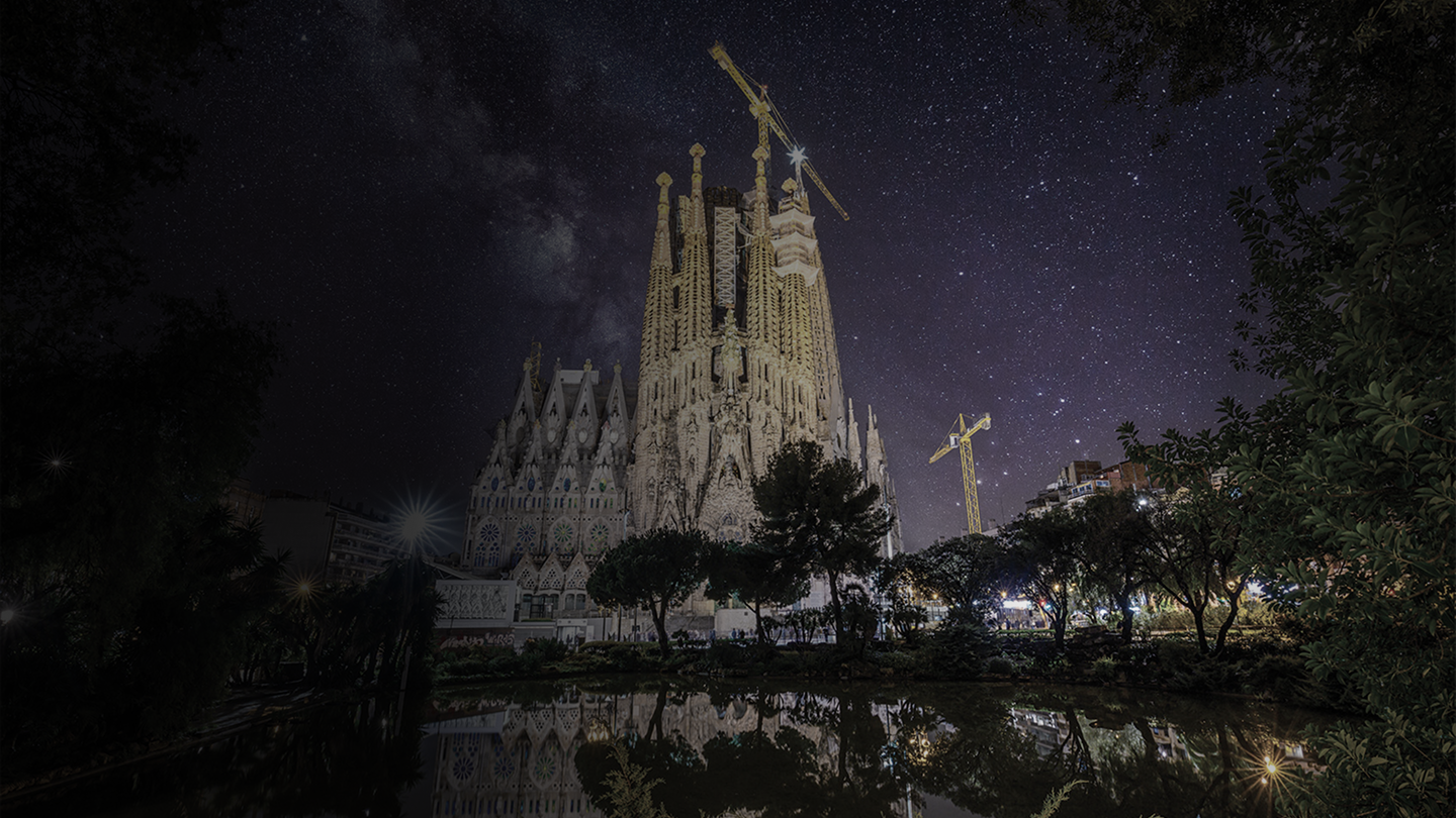 Sagrada Familia at night in Barcelona, Spain